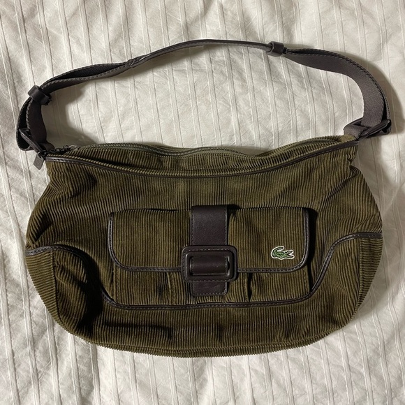 Rare Vintage Lacoste Womens Ladies green Corduroy Shoulder Bag Baguette Fashion - Picture 1 of 4